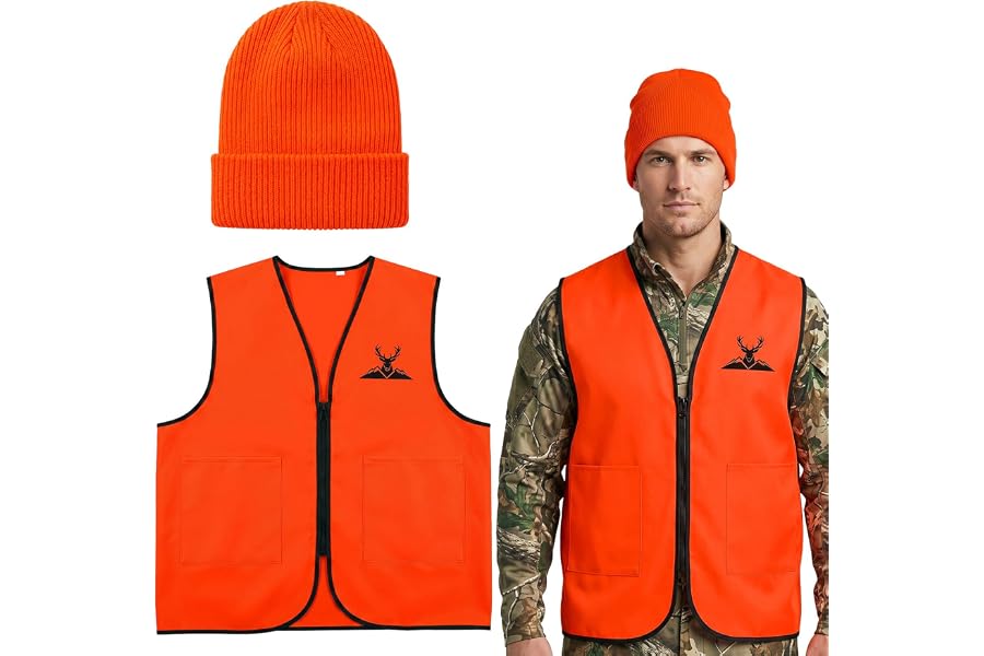 BOARDFEB Hunting Hat and Vest Set Orange Hunter Safety Vest with Pockets and Beanie High Visibility Cloth for Outdoor Hunting