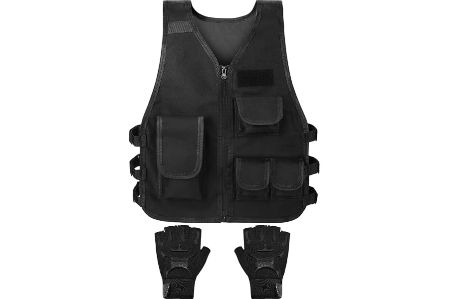SATINIOR Kids Tactical Vest Halloween Costume Set with Half Finger Gloves | Kids Black Vest with Fingerless Gloves, Adjustabl